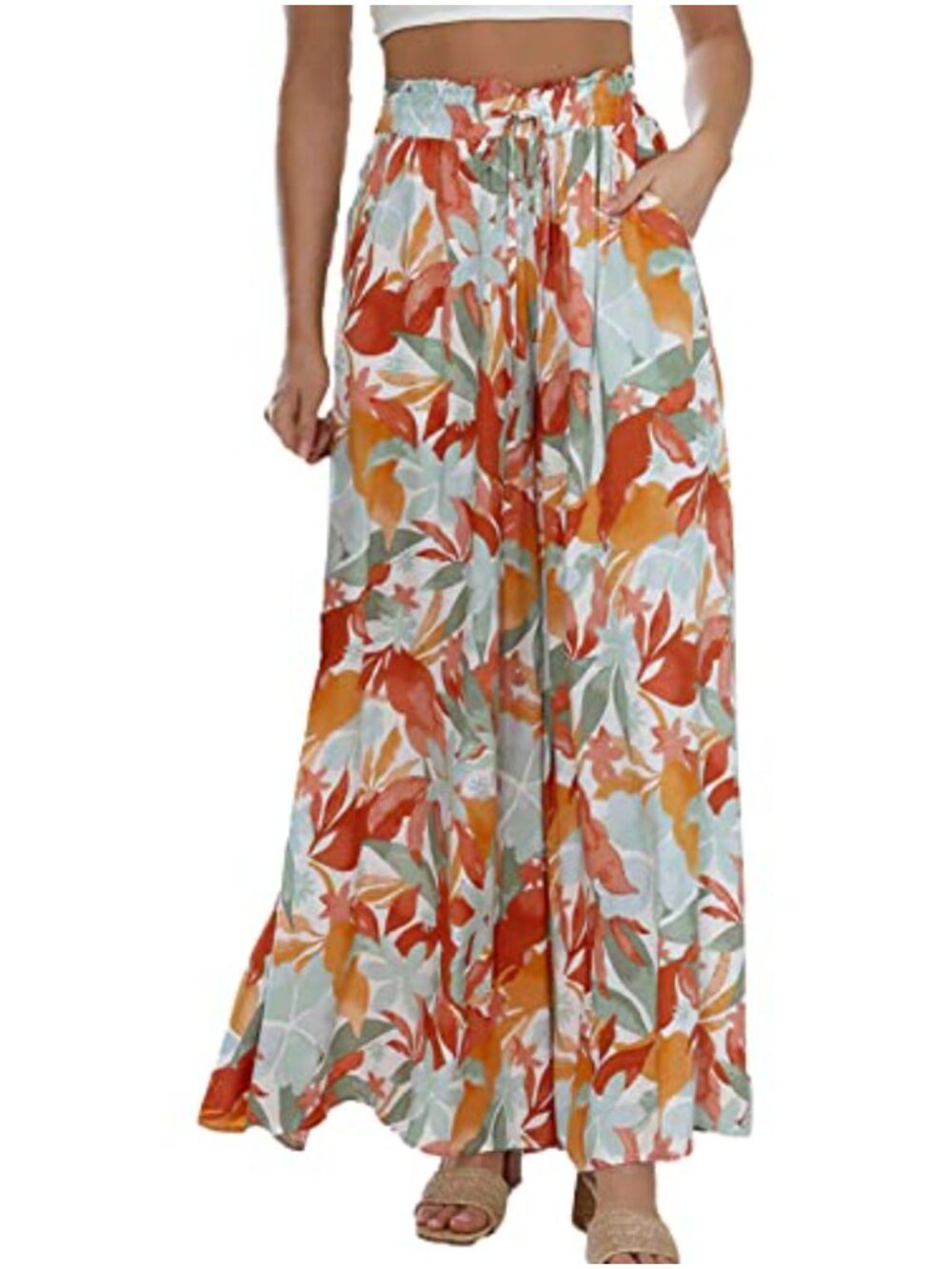 High Waist Wide Leg Palazzo Pants with Pockets, Drawstring, Polyester